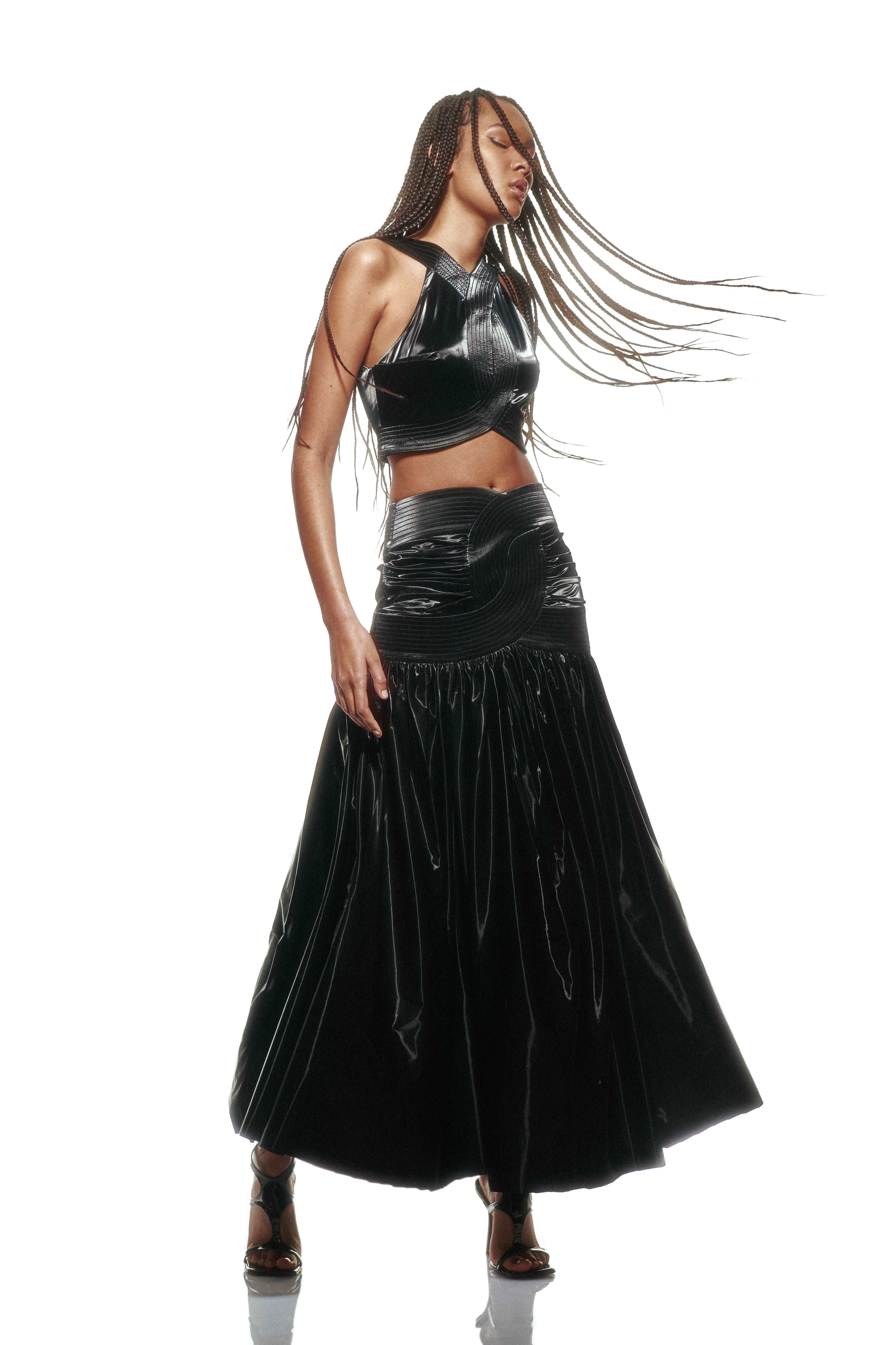 Black Latex Midi Skirt with Embroidery Detail