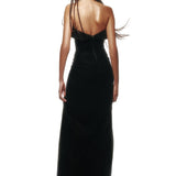 Strapless Black Velvet Corset Maxi Dress with High Slit and Crystal Accessory Detail