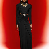 Black Jersey Maxi Dress With Crystal Stone Detail