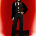 Black Knit Pants with Gold Belt And Buttons