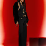 Black Knit Pants with Gold Belt And Buttons