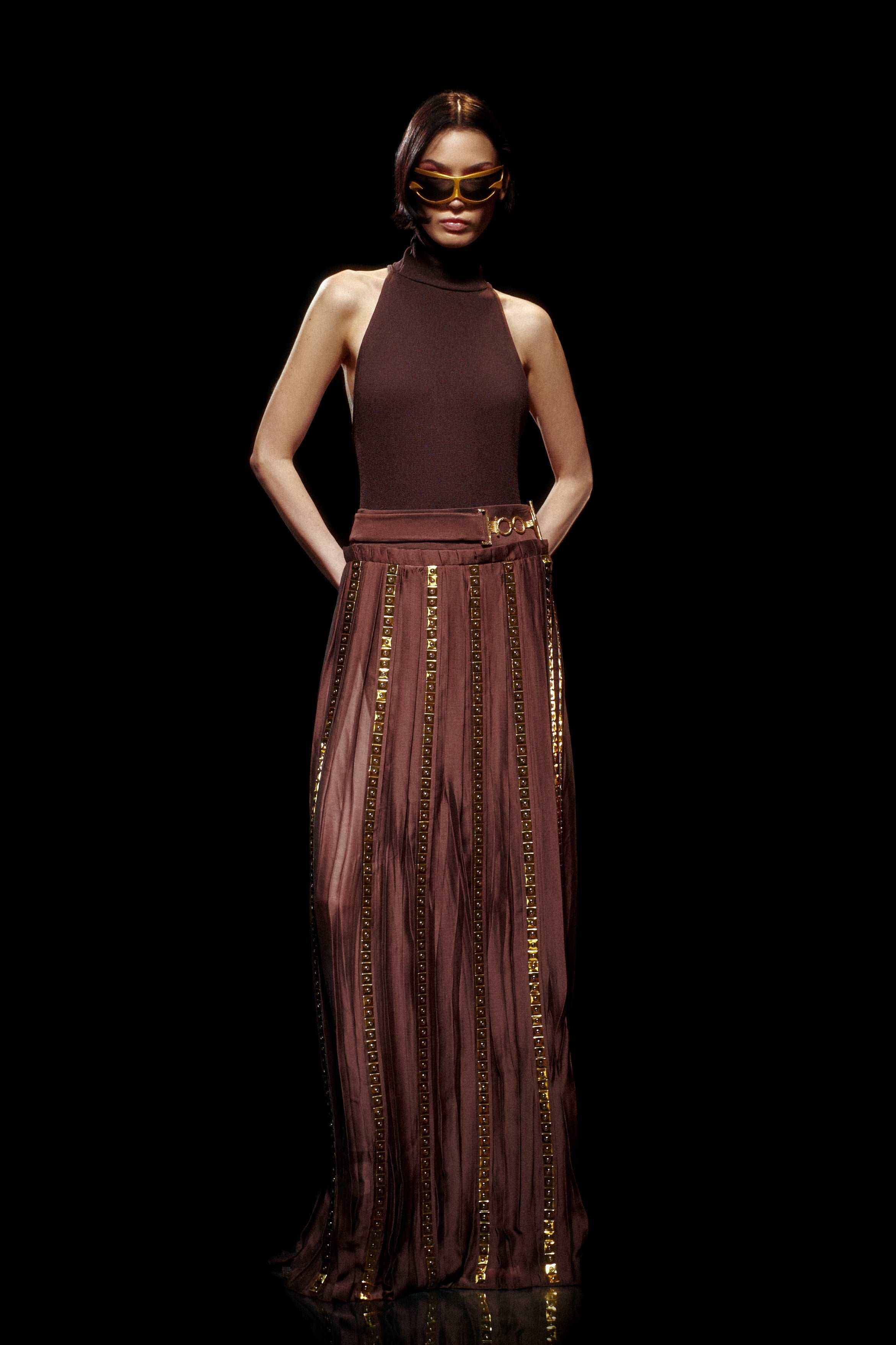 Brown Chiffon Pleated Maxi Skirt with Square Gold Details