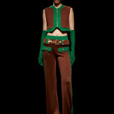 Brown Vest with Gold Zip and Green Details