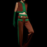 Brown Pants with Green and Gold Belt Detail