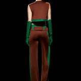 Brown Vest with Gold Zip and Green Details