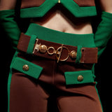 Brown Pants with Green and Gold Belt Detail