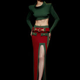 Knitted Bordeux/Green Midi Skirt with High Slit and Gold Belt