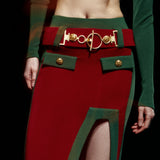 Knitted Bordeux/Green Midi Skirt with High Slit and Gold Belt