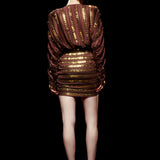 Brown Chiffon V-Neck Mini Dress with Gold Metallic Stones