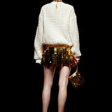Cream Velvet Crochet Sweater with Gold Buttons