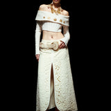 Off-Shoulder Ecru Corset Top In Knit with Gold Buttons