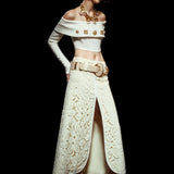 Off-Shoulder Ecru Corset Top In Knit with Gold Buttons