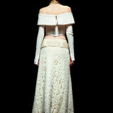 Off-Shoulder Ecru Corset Top In Knit with Gold Buttons