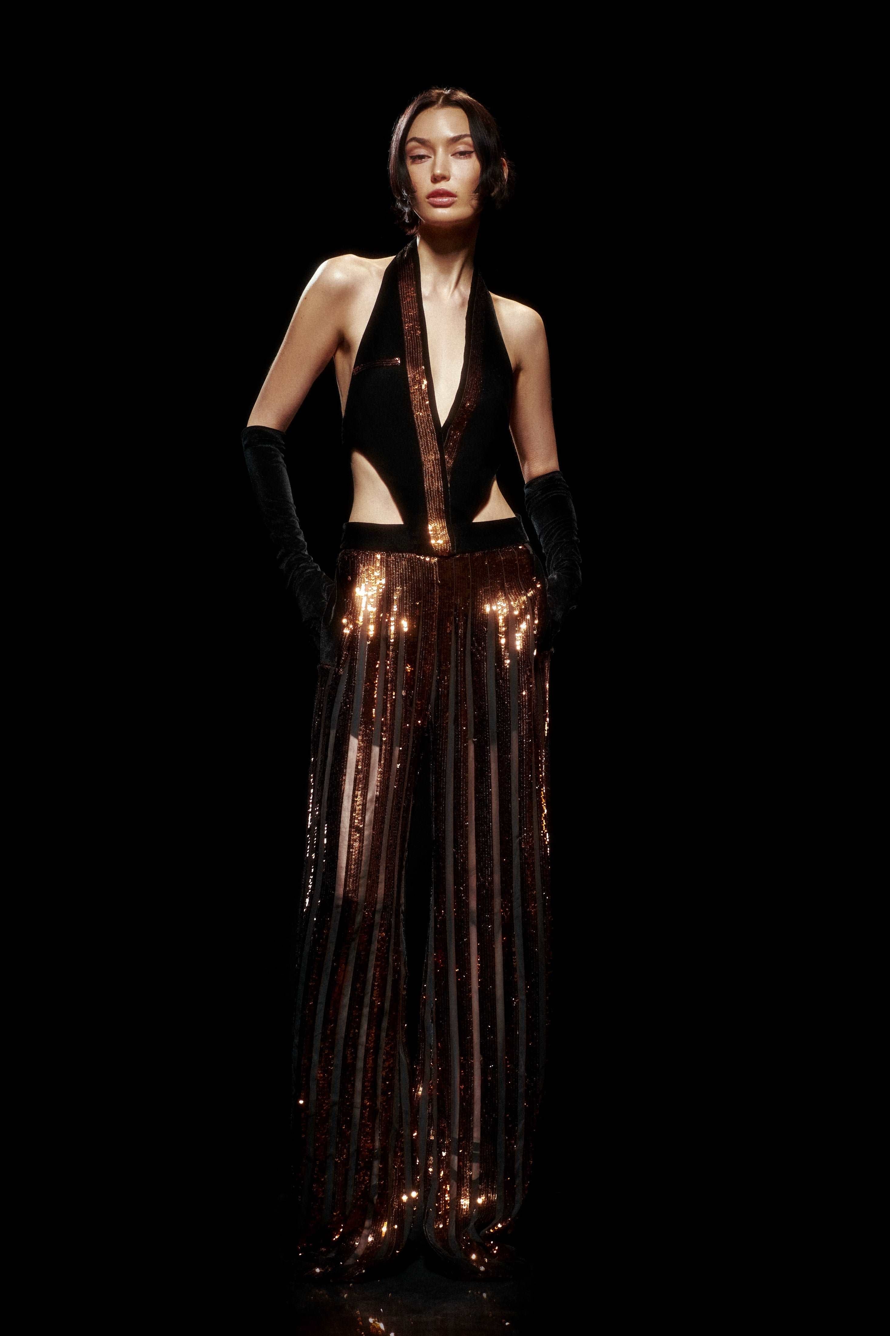 Black/Bronze Sequined Chiffon Jumpsuit