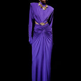 Purple Jersey Maxi Dress with Crystal Stoned Details