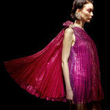 One Shouldered Fuschia Pleated Mini Dress with Crystal Stone Detail