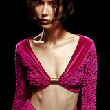 Crochet Velvet Crop Top with Fuschia Glitter Print Detail