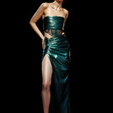 Strapless Metallic Green Corset and High Slit Skirt Set