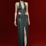 V-Neck Grey Side Open Maxi Dress with Ecose Crystal Stone and High Slit Detail