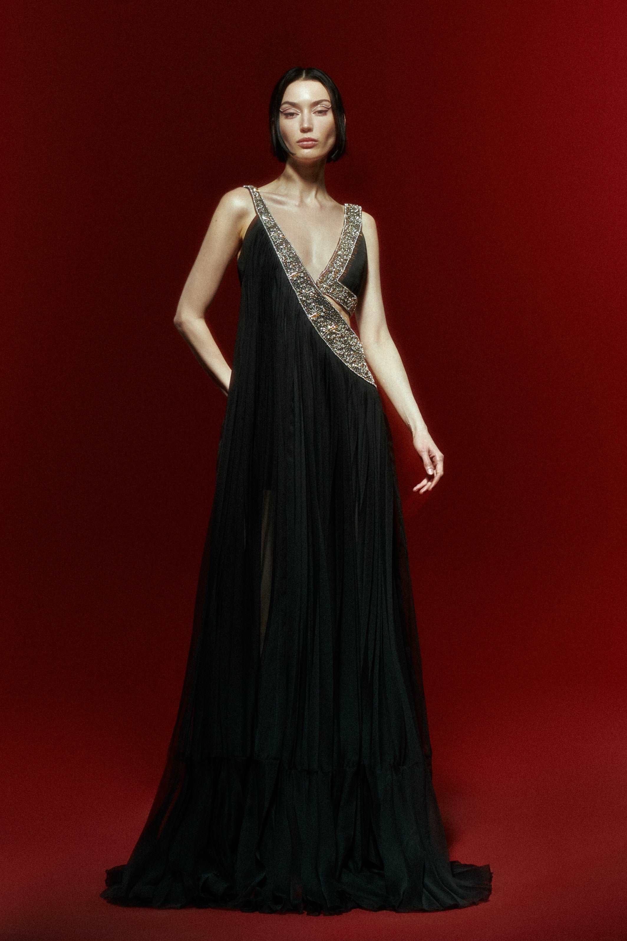 Black Pleated Chiffon Maxi Dress with Cutout and Crystal Beading Details¬†