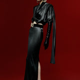 Sax Wrinckled Satin Degage and Cloak Detailed Top