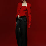 Red Crepe Asymmetric Neck Jacket With Black Stone Buttons