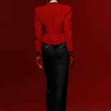 Red Crepe Asymmetric Neck Jacket With Black Stone Buttons