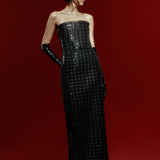 Strapless Black Sequined Tweed Maxi Dress