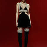 Velvet Black Mini Dress with Halter Strap and Crystal Stone Detail