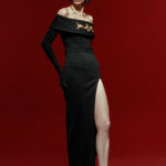 Black Corset Midi Dress with Off-Shoulders And Gold Details