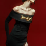 Black Corset Midi Dress with Off-Shoulders And Gold Details