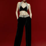 Wide Leg Black Velvet Pants with Crystal Beading Belt