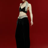 Wide Leg Black Velvet Pants with Crystal Beading Belt