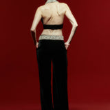 Wide Leg Black Velvet Pants with Crystal Beading Belt