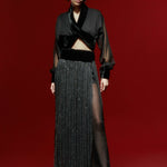 Black Chiffon Maxi Skirt with Silver Shimmering and High Slit Detail