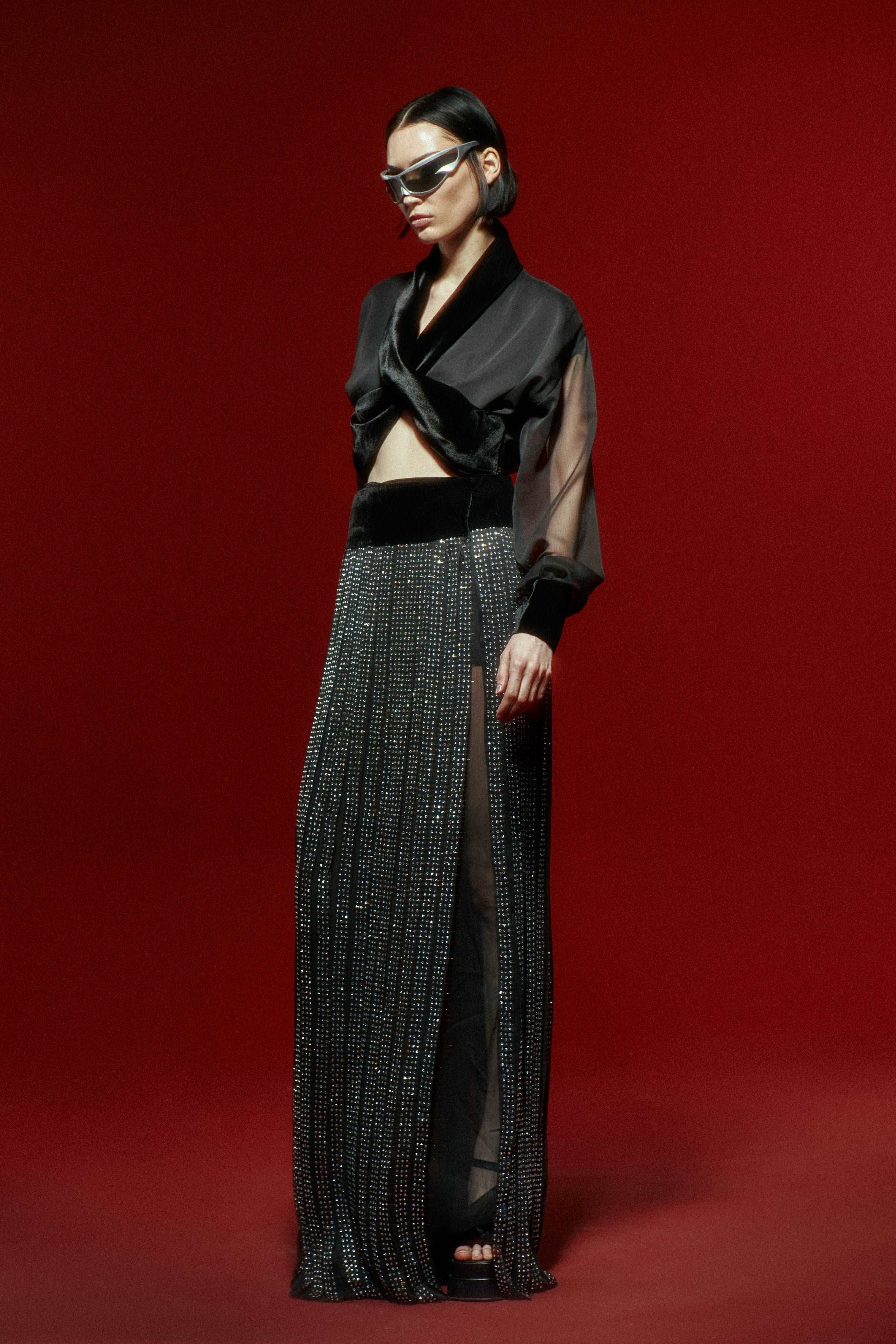 Black Chiffon Maxi Skirt with Silver Shimmering and High Slit Detail