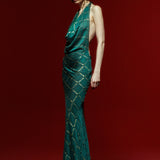 Green Degage Neck Maxi Dress with Gold Ecose and Print Details without Stones