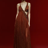 Brown Shimmering Pleated Maxi Dress with Cutout and Beading Detail