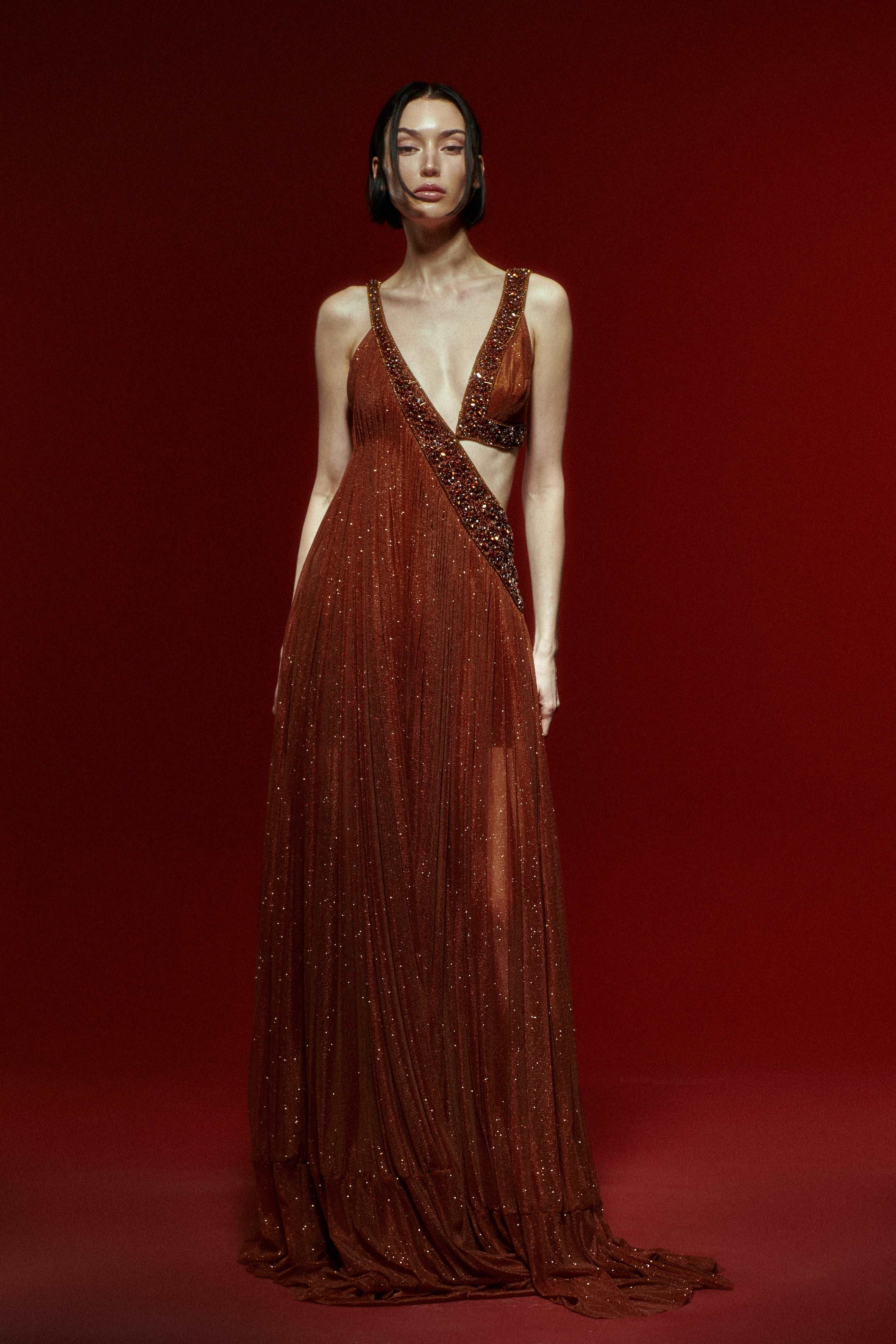 Brown Shimmering Pleated Maxi Dress with Cutout and Beading Detail