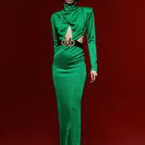 Knitted Green Midi Dress with High Neck and Belt Detail