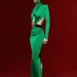 Knitted Green Midi Dress with High Neck and Belt Detail