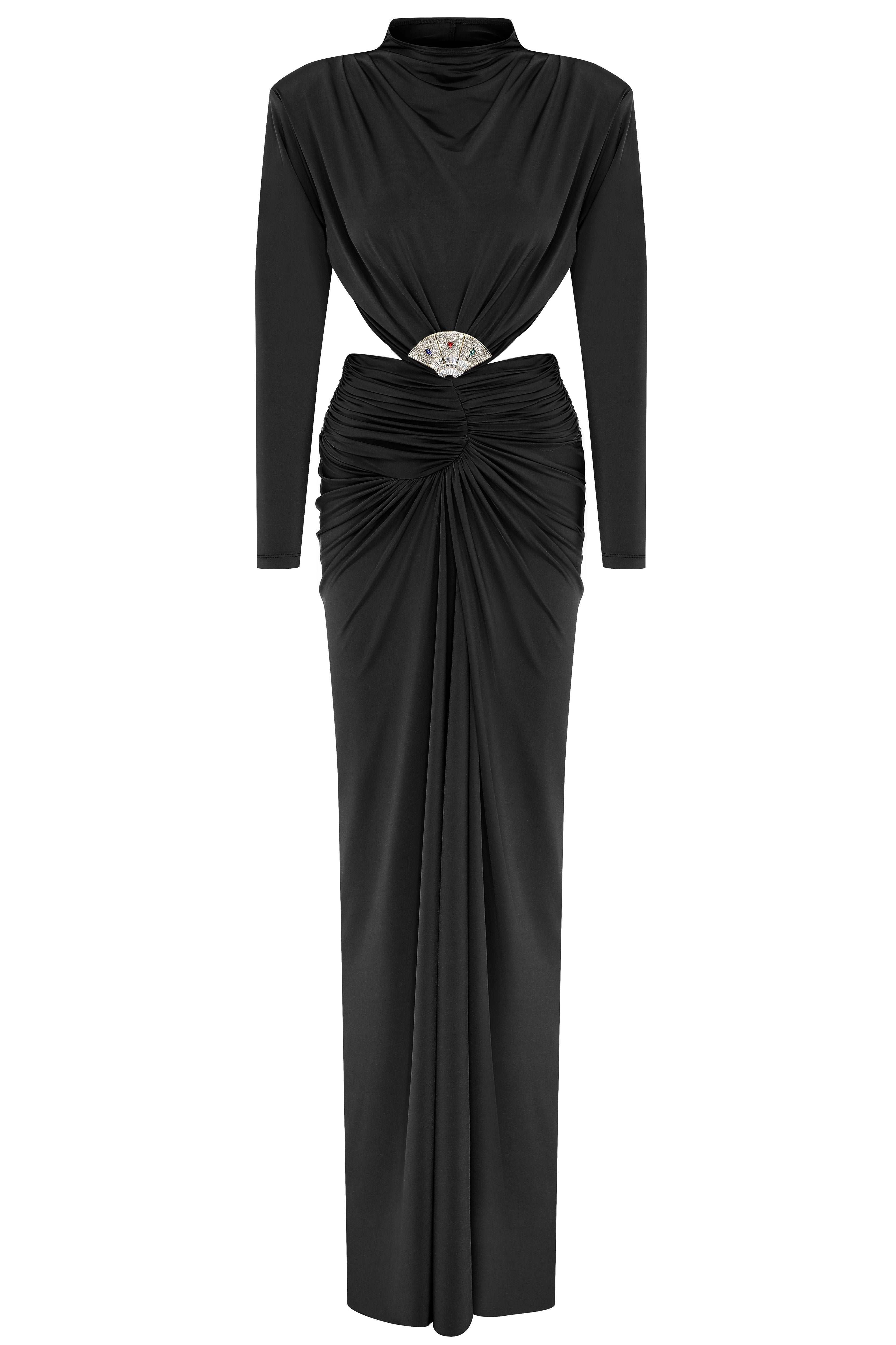 Black Jersey Maxi Dress With Crystal Stone Detail