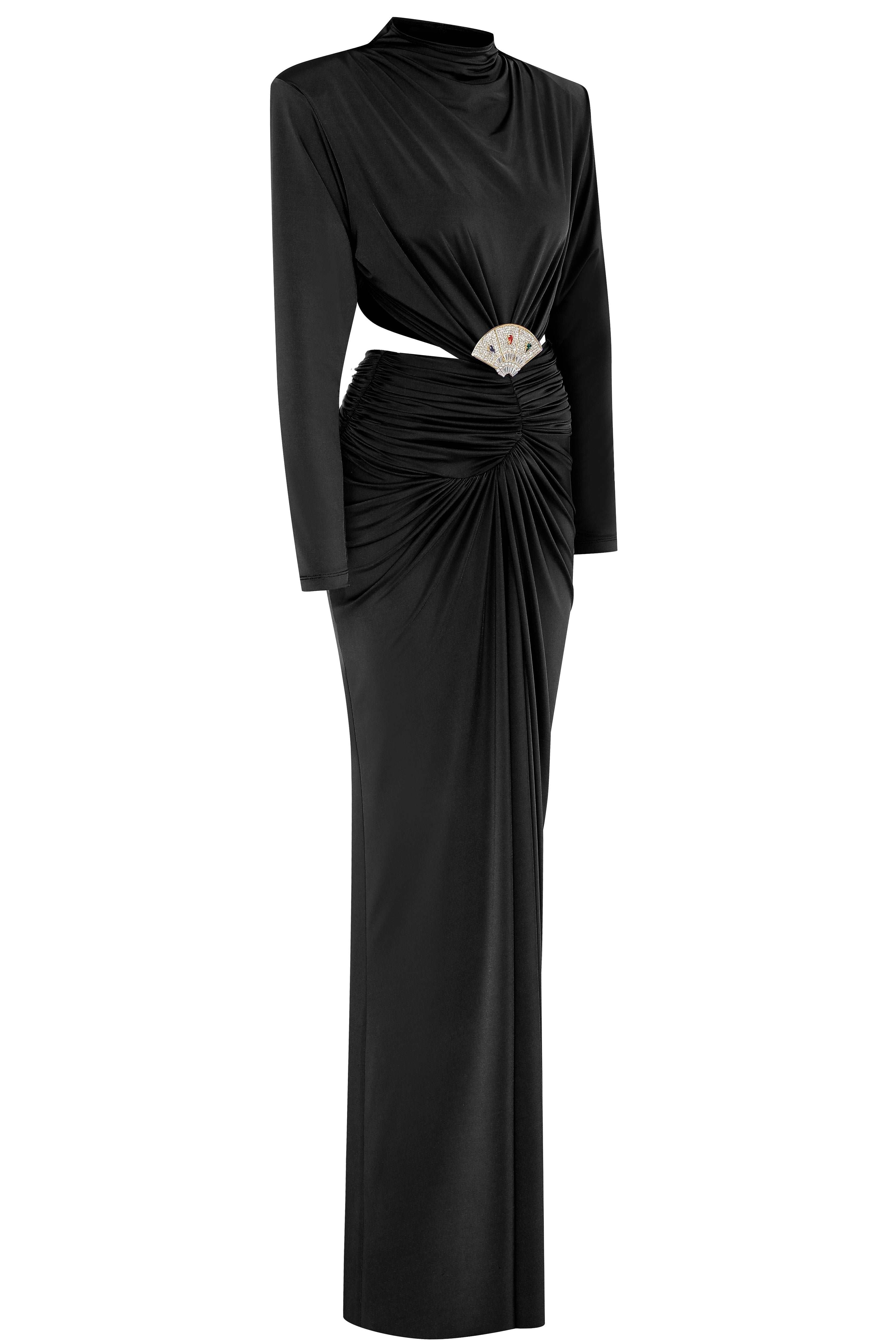 Black Jersey Maxi Dress With Crystal Stone Detail