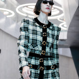 Golden Buckled Check Patterned Crop Jacket