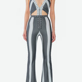 Grey And White Lined Jumpsuit