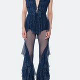 Dark Blue Lace Jumpsuit With Flounce Details