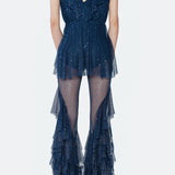 Dark Blue Lace Jumpsuit With Flounce Details