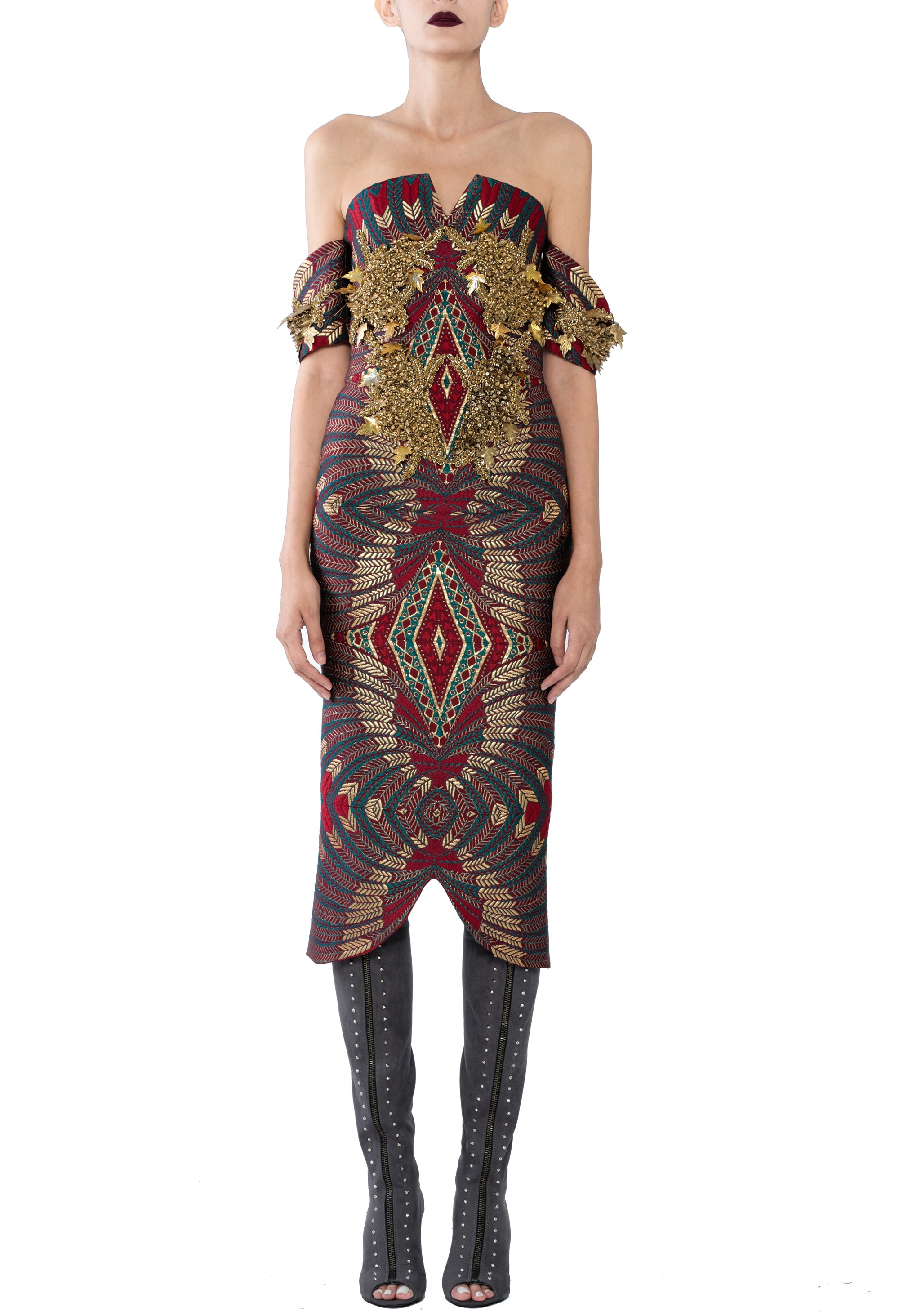 SS17DCPKL-Red-36 raisa_vanessa knee-length-red-jacquard-dress