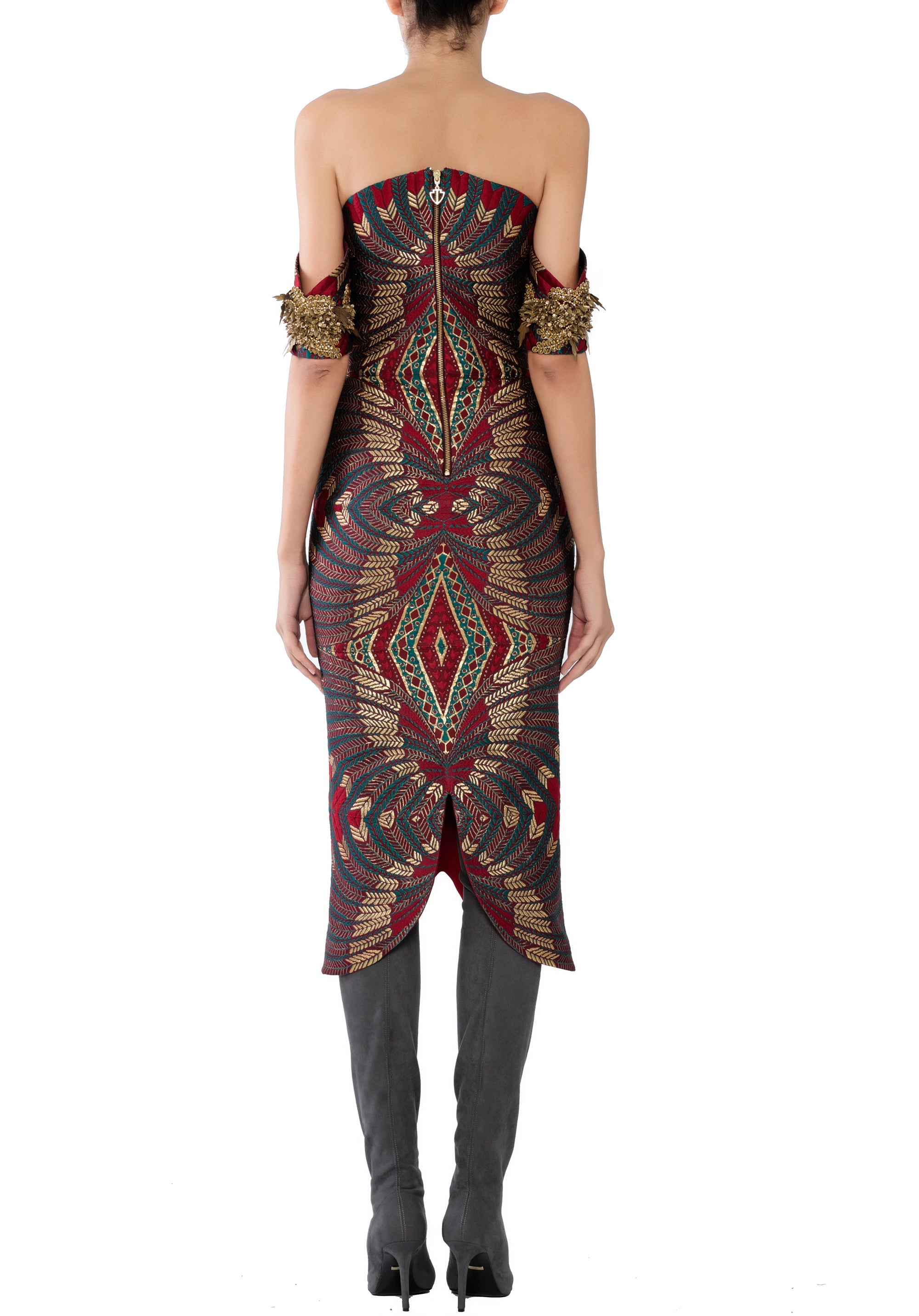 SS17DCPKL-Red-99 raisa_vanessa knee-length-red-jacquard-dress