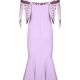 Lilac Embroidered Leaves Knee Length Dress